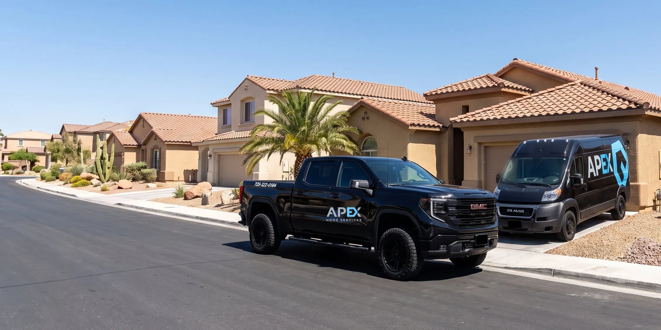 Apex Home Services pickup and van parked along a desert-landscaped street, fire damage restoration in Spring Valley, NV
