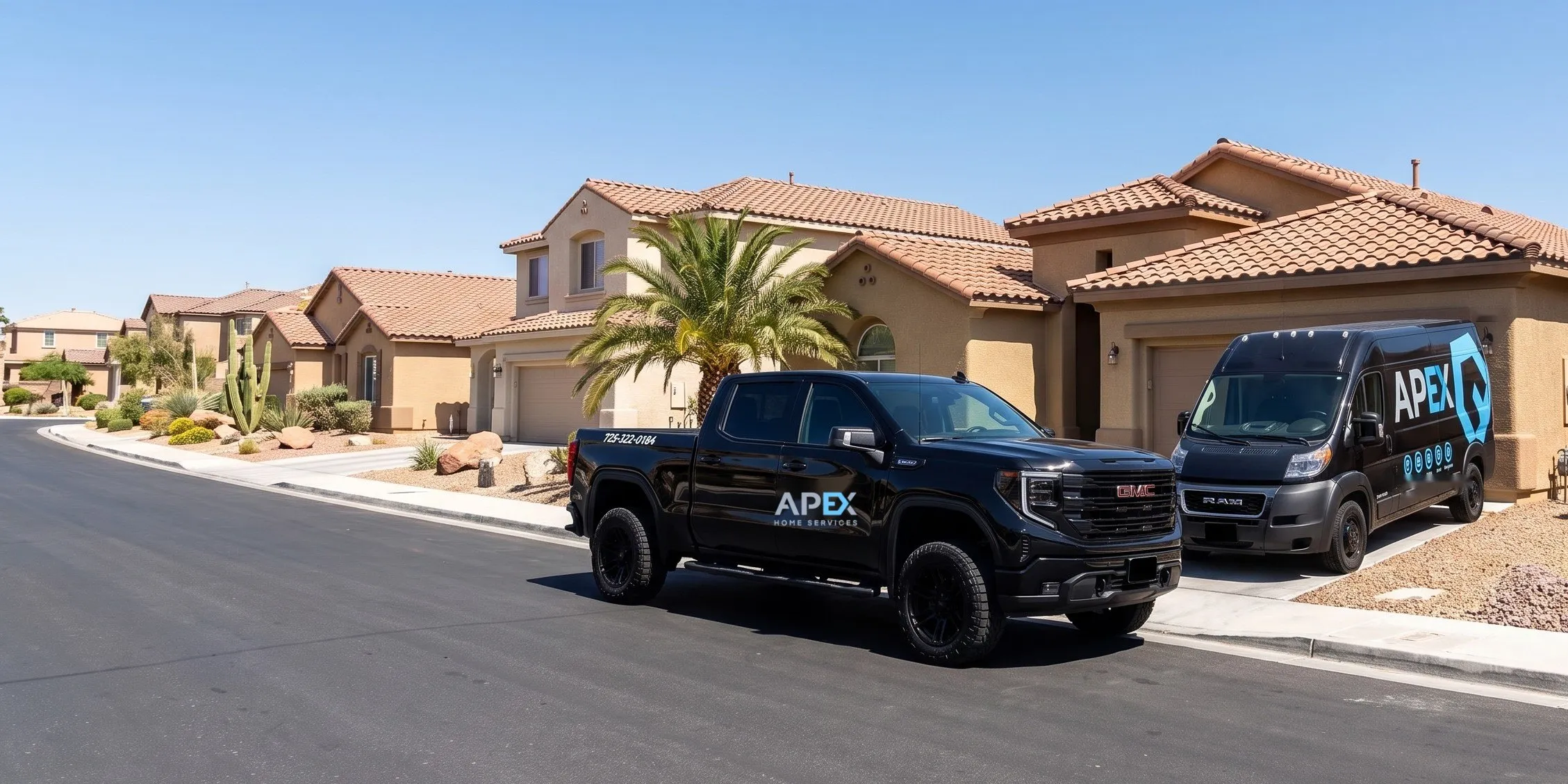 Apex Home Services pickup and van parked on a quiet residential street, fire damage restoration in Summerlin, NV