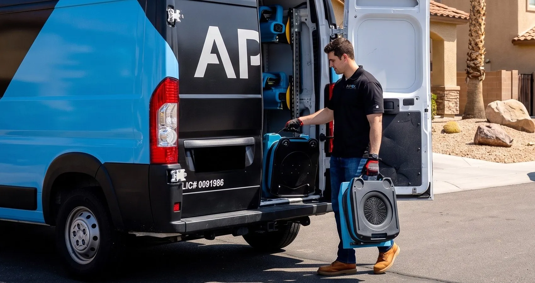 Technician unloading an air mover from the Apex Home Services van outside a home, Apex Home Services in Las Vegas