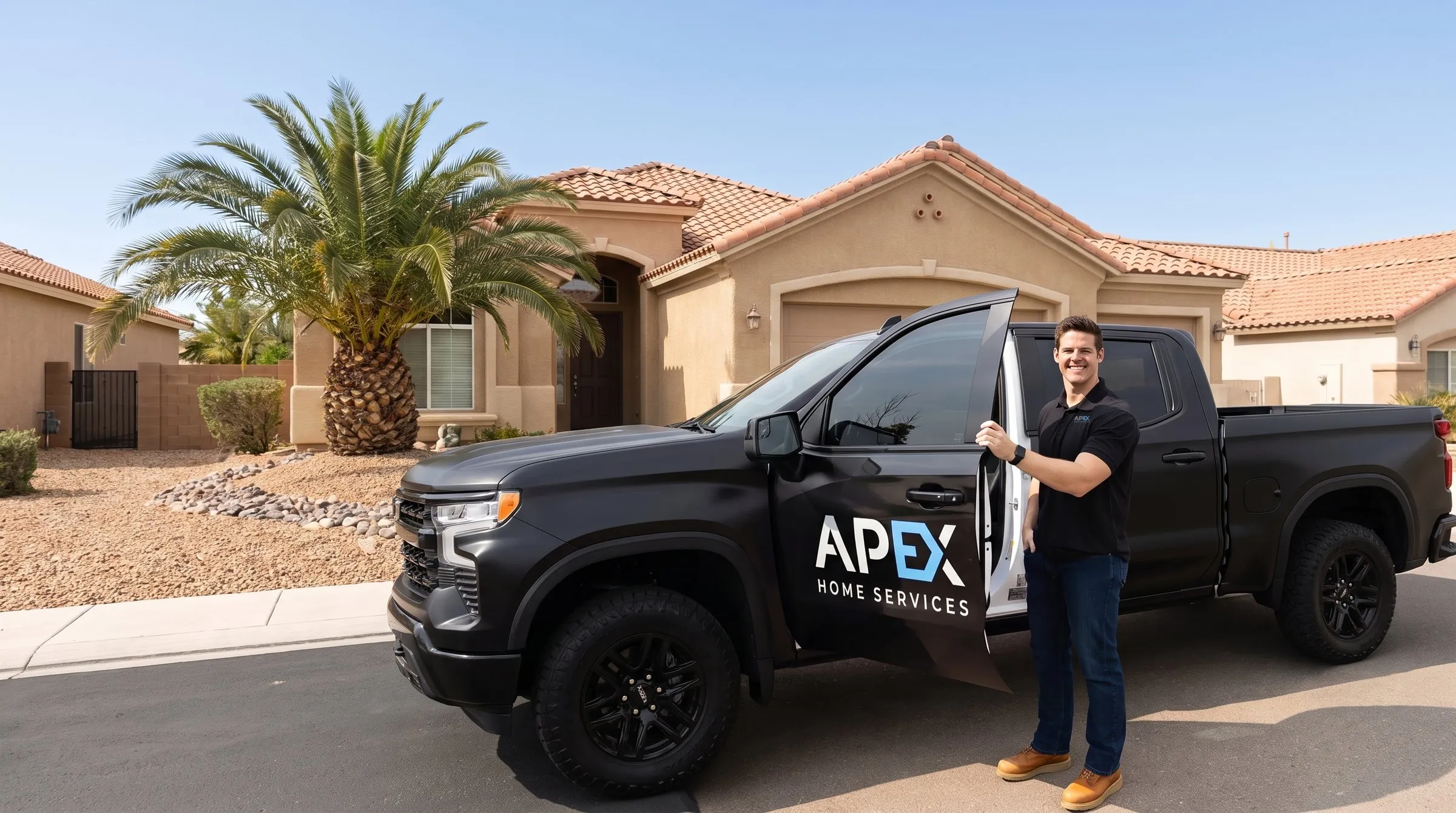 Technician beside the Apex Home Services pickup in front of a stucco home, fire damage restoration in Centennial Hills, NV