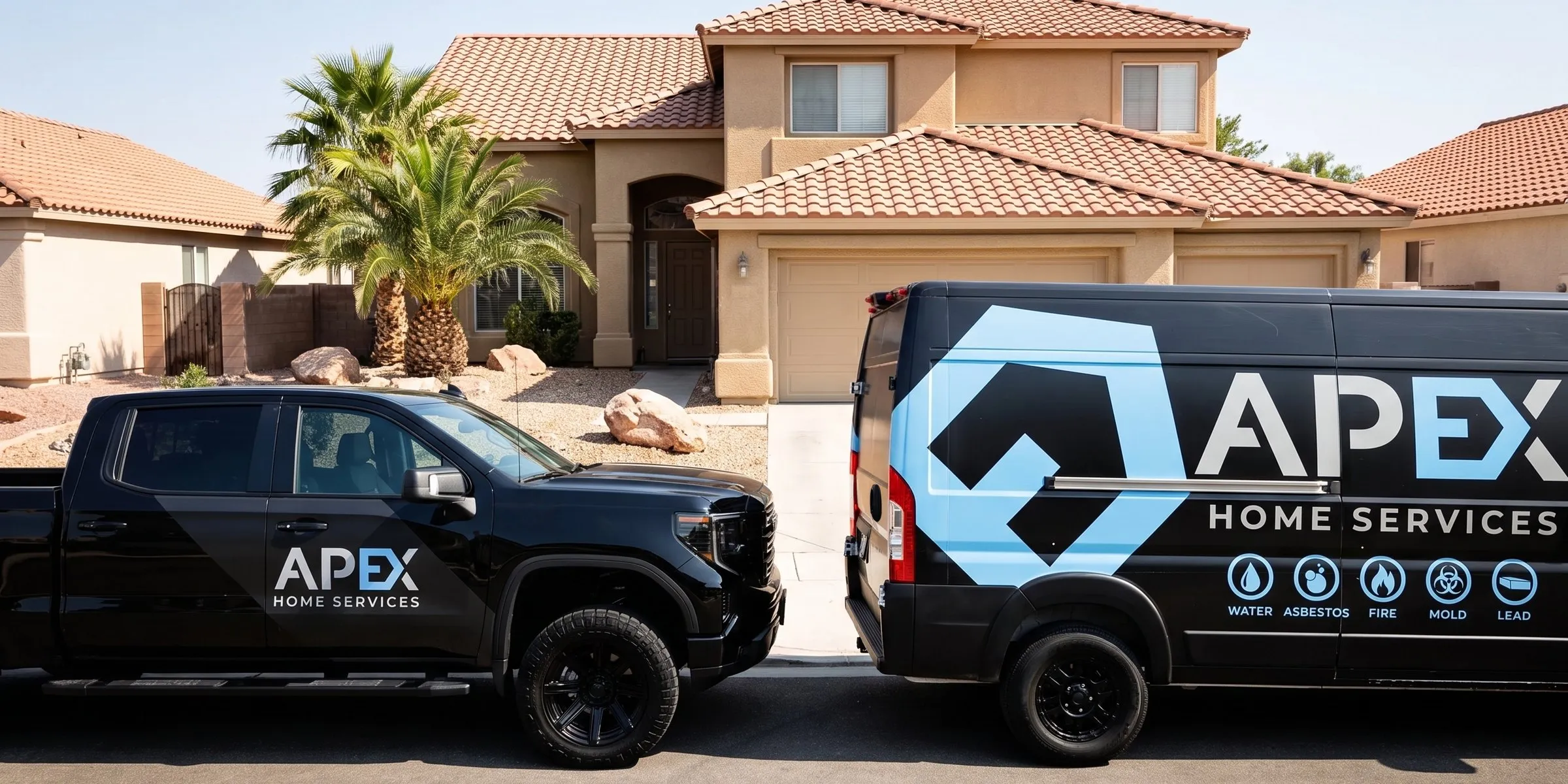 Apex Home Services pickup and van parked outside a stucco home, water damage repair in Las Vegas