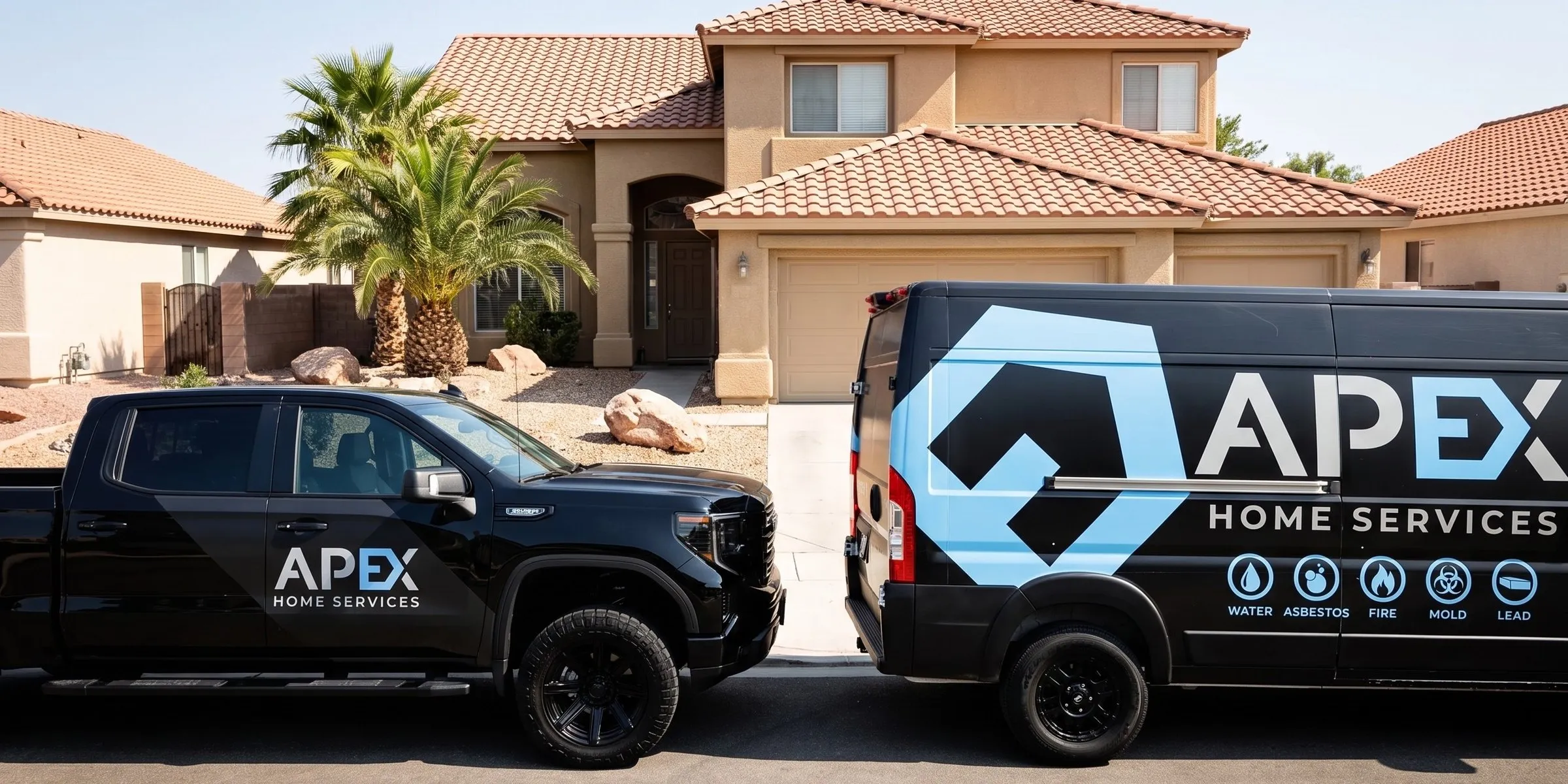 Apex Home Services pickup and van outside a desert-landscaped home, fire damage restoration in Enterprise, NV