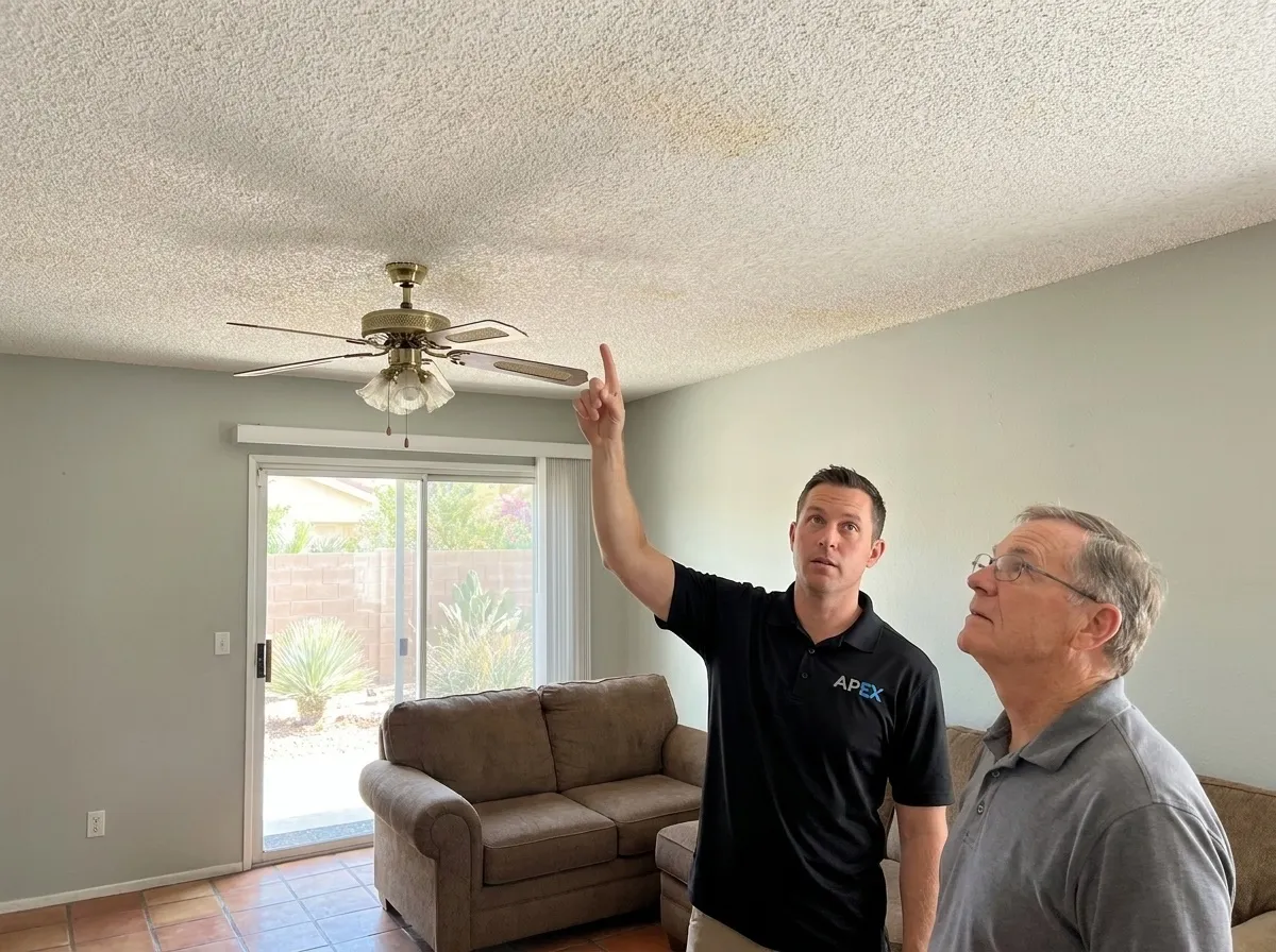 Supervisor pointing out an aging popcorn ceiling to a homeowner, asbestos abatement in Las Vegas
