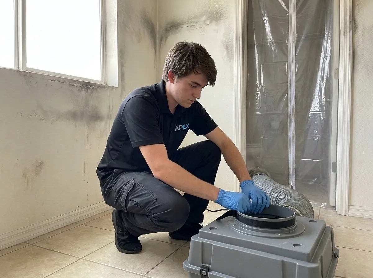 HEPA air scrubber set up after a fire