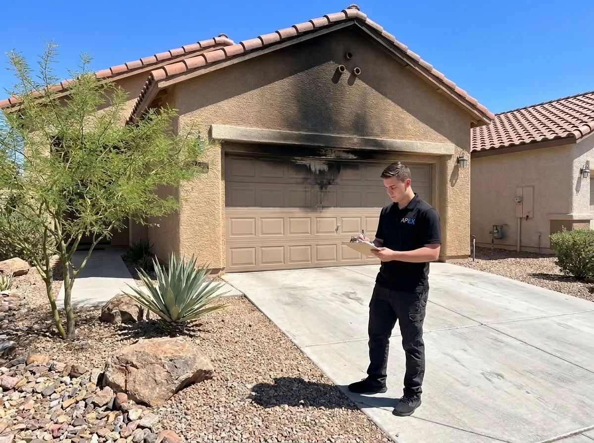 Technician with a clipboard below smoke-blackened stucco over a garage door, fire damage restoration in Las Vegas