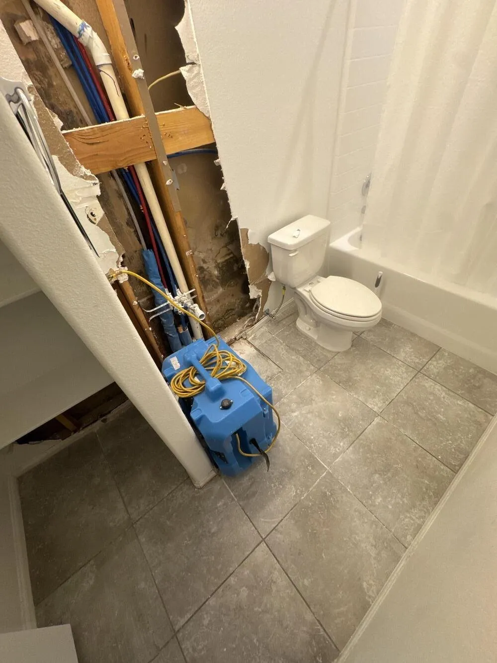 Bathroom wall cut open beside the toilet with an air mover drying the floor, water damage restoration from Apex Home Services in Las Vegas