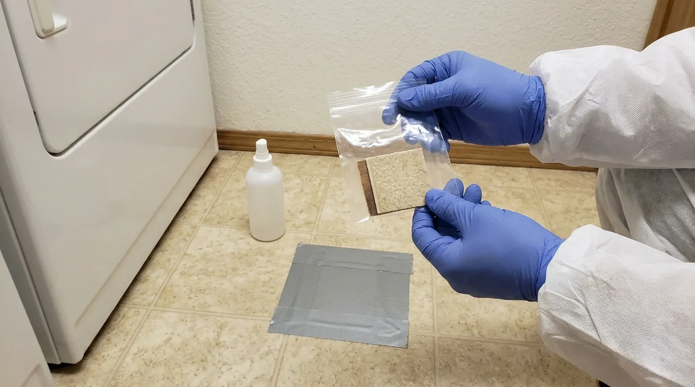 Hands in blue nitrile gloves and a white coverall sleeve hold a clear bag with a small square of beige vinyl flooring above a duct tape patch on a laundry room floor