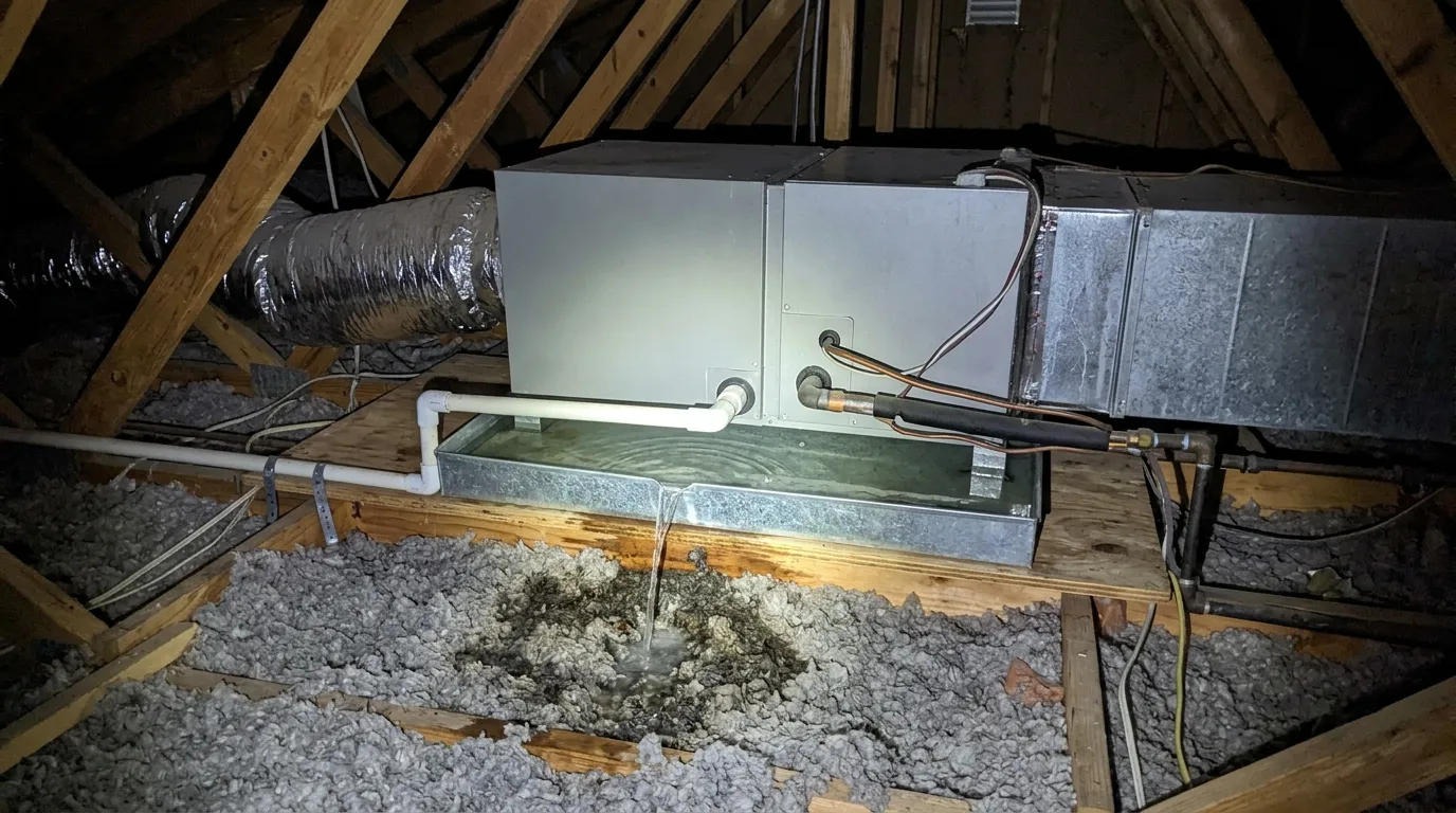 An attic air handler on a plywood platform over a metal drain pan full of water, with water spilling over the pan’s edge onto the gray insulation below