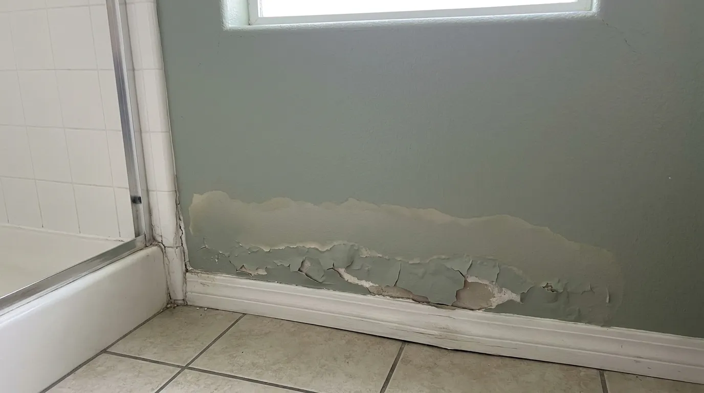 Paint peeling and flaking along the bottom of a sage-green bathroom wall beside a white shower base, with a pale tan stain above the peeling and a white baseboard below