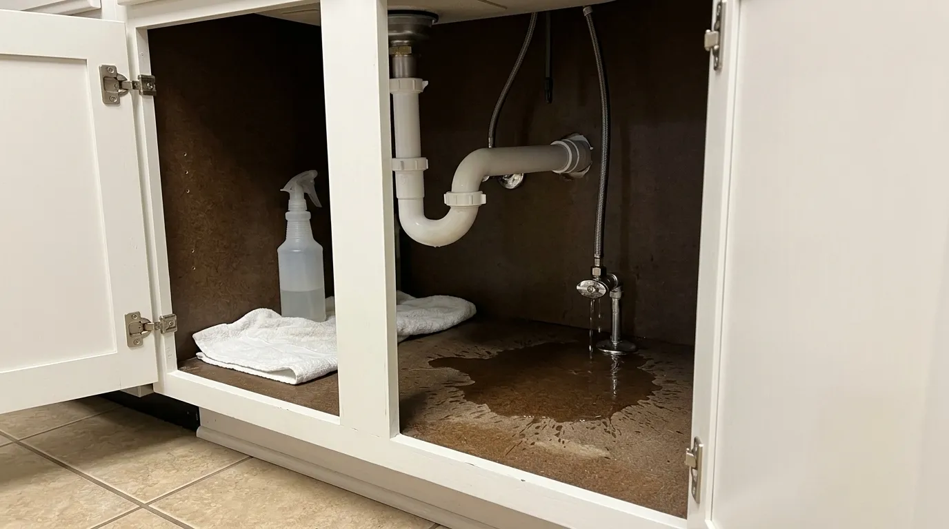 Water dripping from a chrome shutoff valve under a kitchen sink onto the cabinet floor, where a puddle spreads beside a white drain pipe, a spray bottle and a folded towel