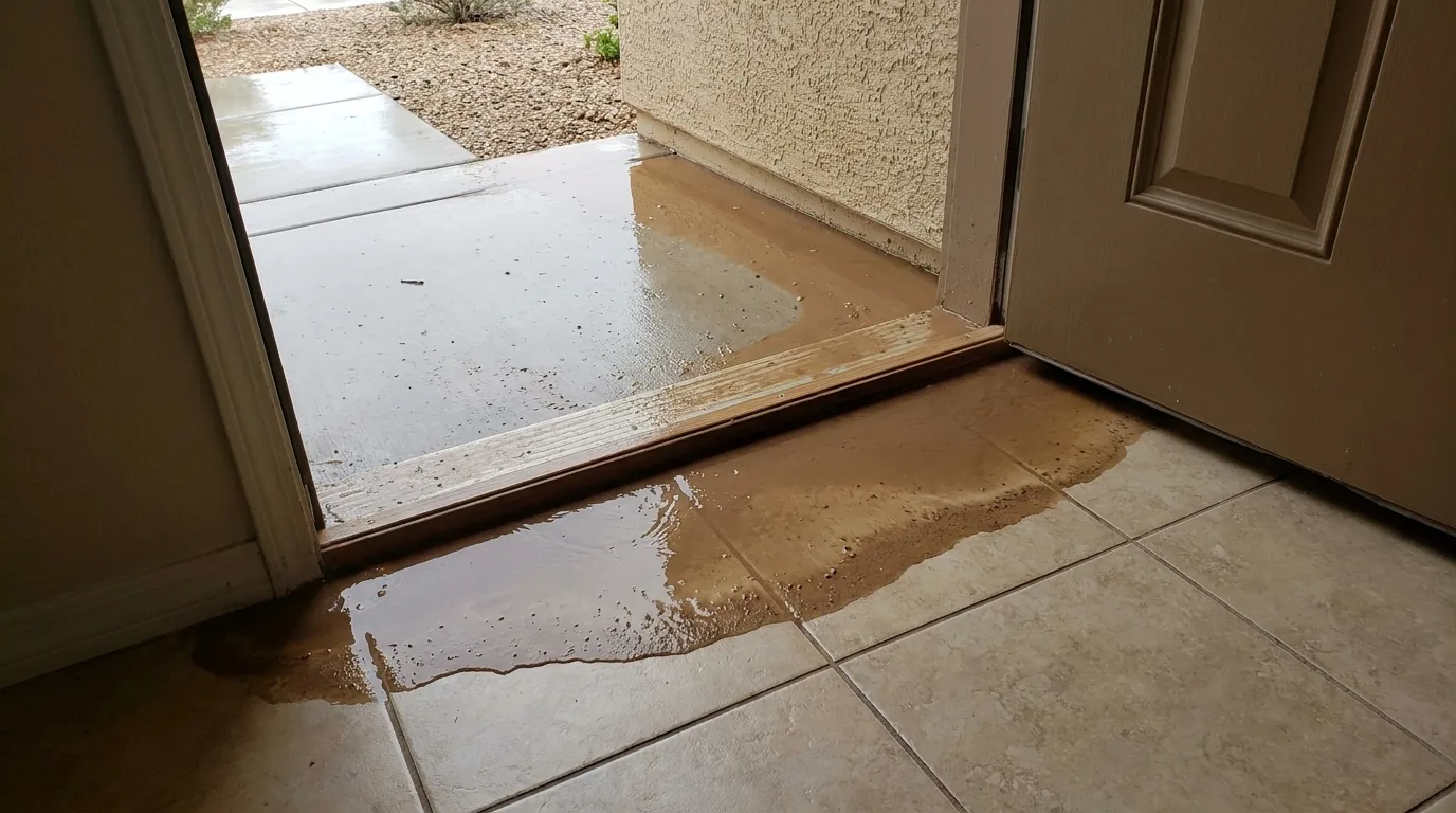 Muddy brown storm water spreading across beige floor tile just inside an open front door, with silt on the threshold and a wet concrete walkway and gravel yard outside