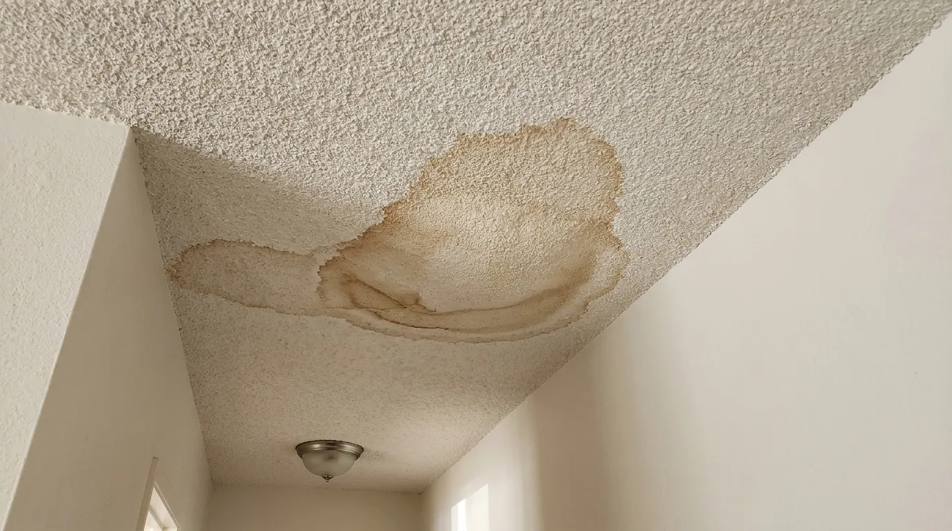 Popcorn ceiling in a hallway with a large tan water stain, darker rings at its edge and slight wrinkling in the stained area, near a ceiling light