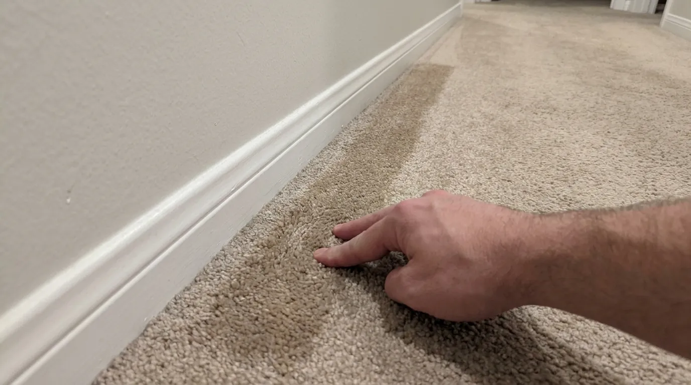 A hand presses two fingers into a darker, damp-looking strip of beige carpet near a white baseboard, beside lighter dry carpet
