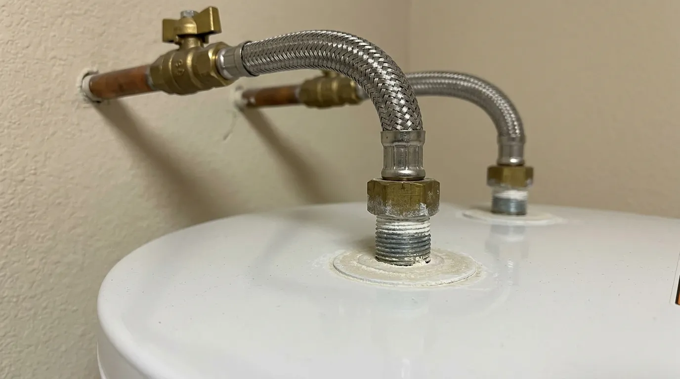 White chalky mineral film on a brass nut and threaded pipe at the top of a white water heater, where a braided steel water connector joins the tank below a copper pipe and valve