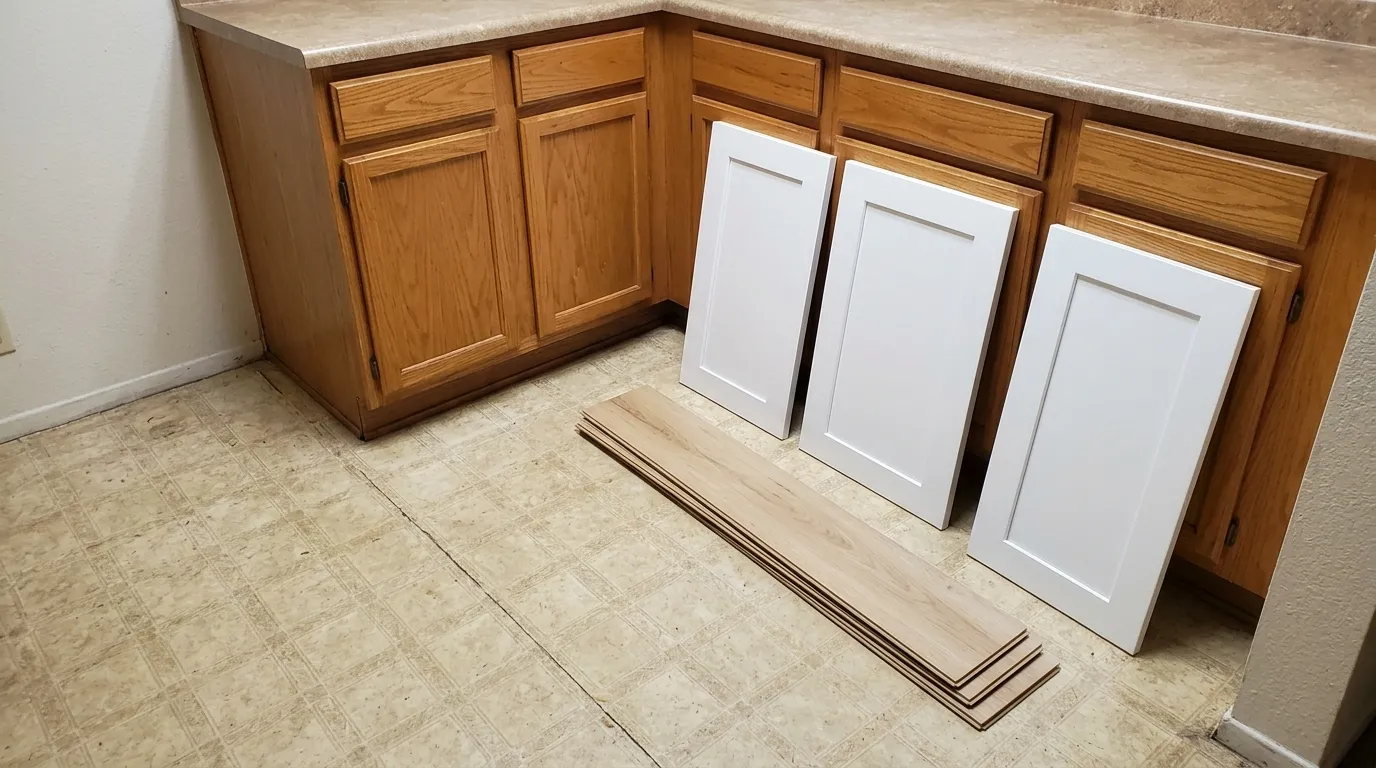 Three new white shaker cabinet doors lean against oak base cabinets, with a stack of wood-look flooring planks on the old beige patterned vinyl floor in front of them
