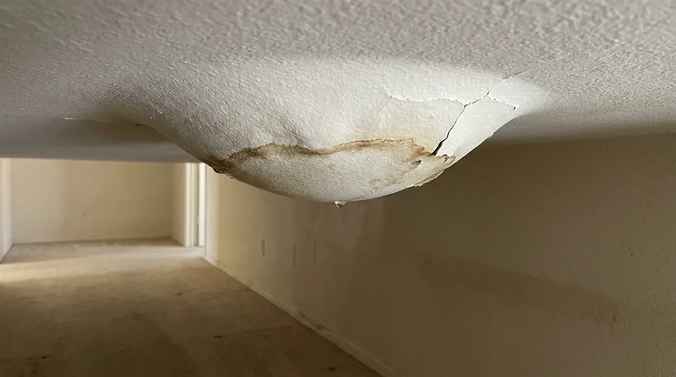 A white textured ceiling sagging in a rounded bulge with a brown water stain and cracked, peeling paint, and a drop of water hanging under it above an empty carpeted floor