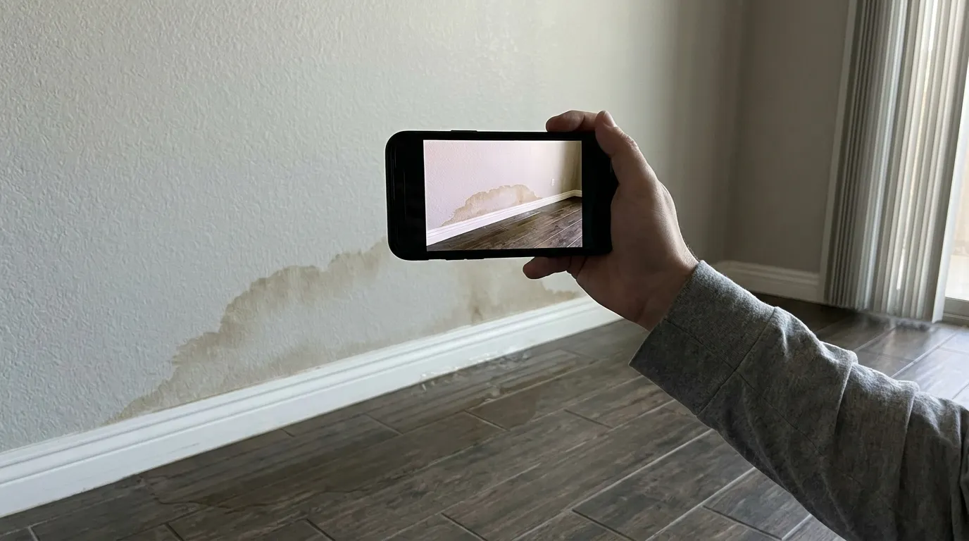 A hand holding a smartphone to photograph a brown water stain above a white baseboard, with a faint wet patch on the dark wood-look tile floor