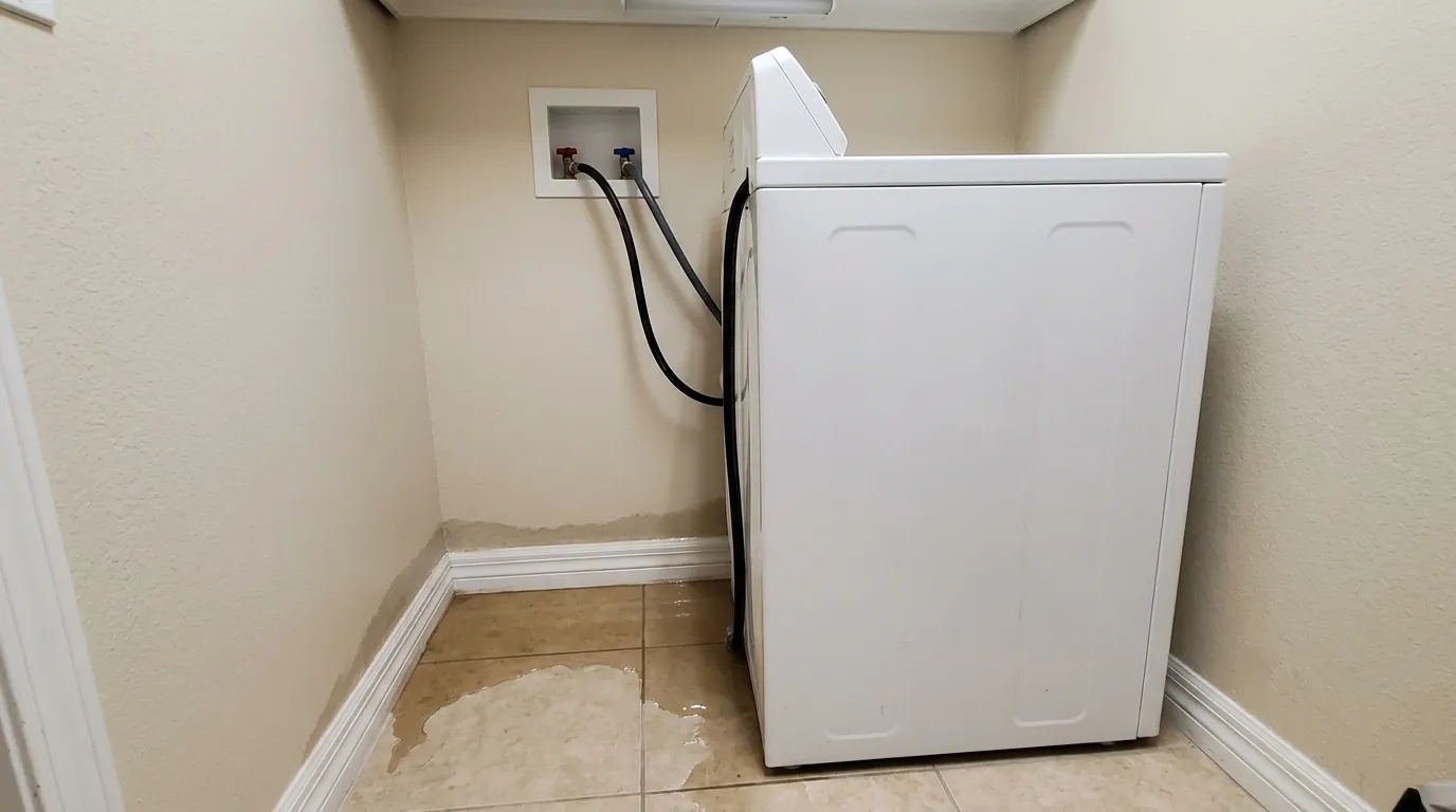 Water spread across the tile floor beside a white washing machine in a laundry room, with the bottom of the wall above the baseboard darkened where it soaked up water