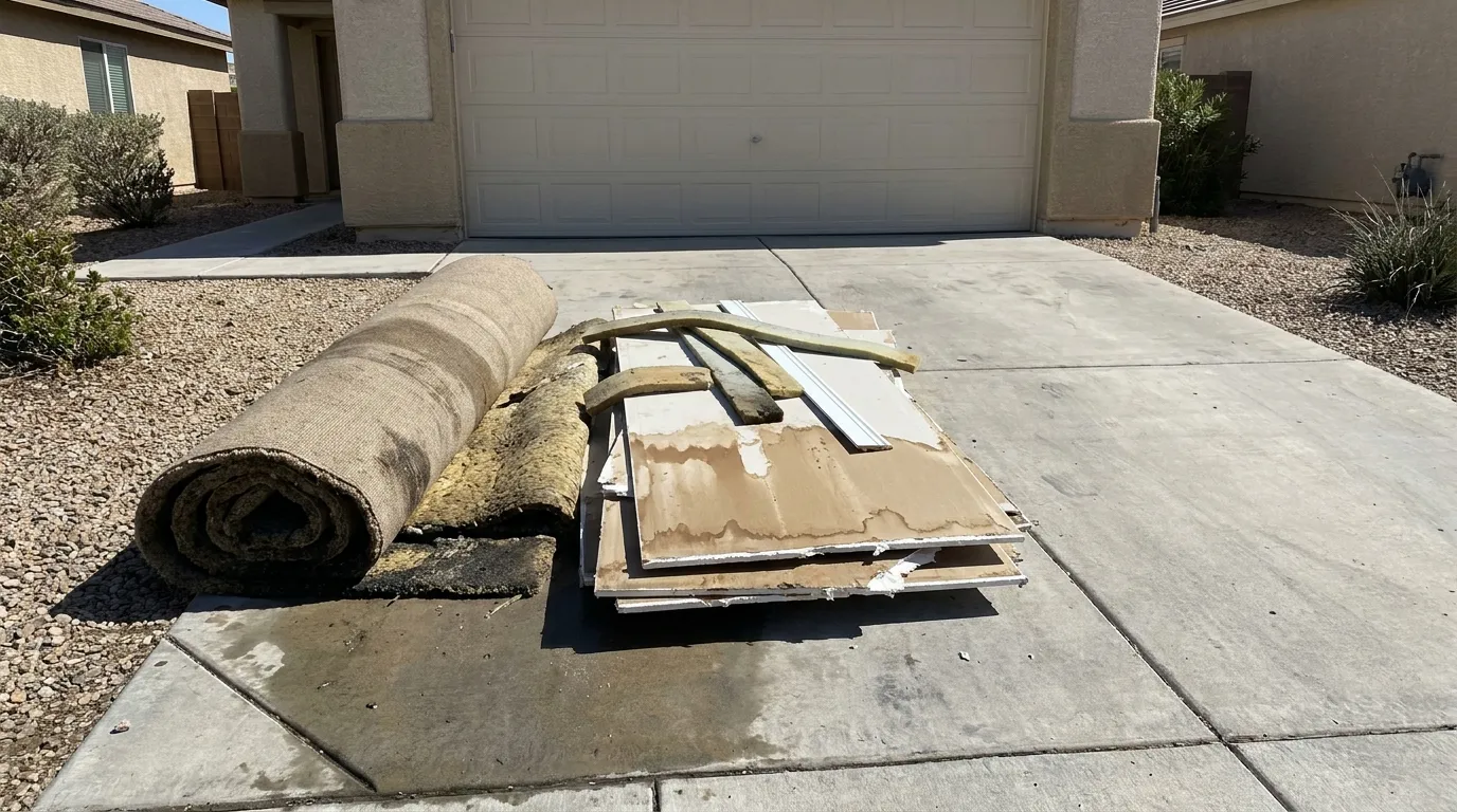 A rolled-up wet carpet, strips of foam pad and a stack of drywall pieces with muddy water stains on their lower halves, piled on a concrete driveway in front of a garage door