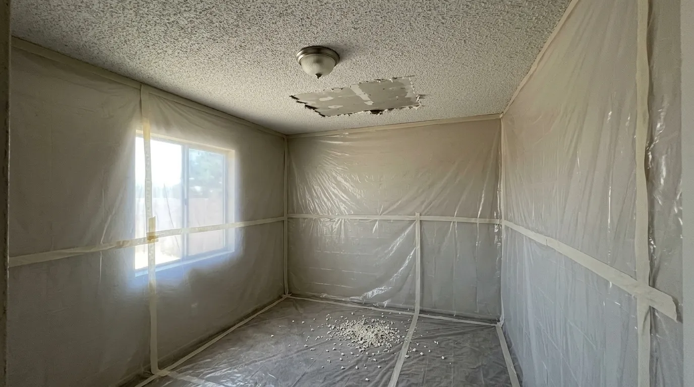 Empty room lined with clear plastic sheeting, a bare drywall patch where popcorn texture is missing from the ceiling, and texture debris on the floor sheeting below