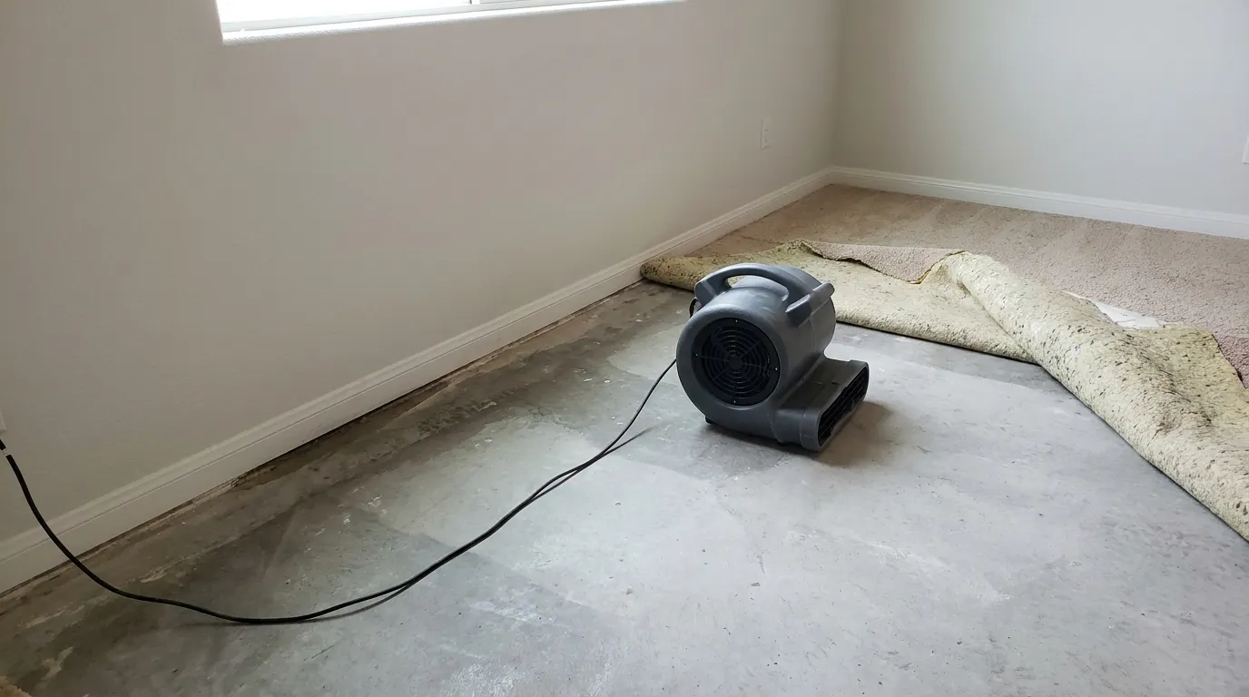 A gray air mover on a bare concrete slab in an empty room where the carpet and pad are folded back, with the concrete darker along the baseboard and a cord running to a wall outlet