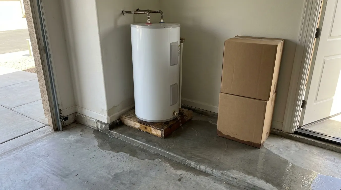 Water dripping from the drain valve of a white water heater on a wooden platform in a garage corner, spreading across the concrete floor to the wet bottom of a cardboard box